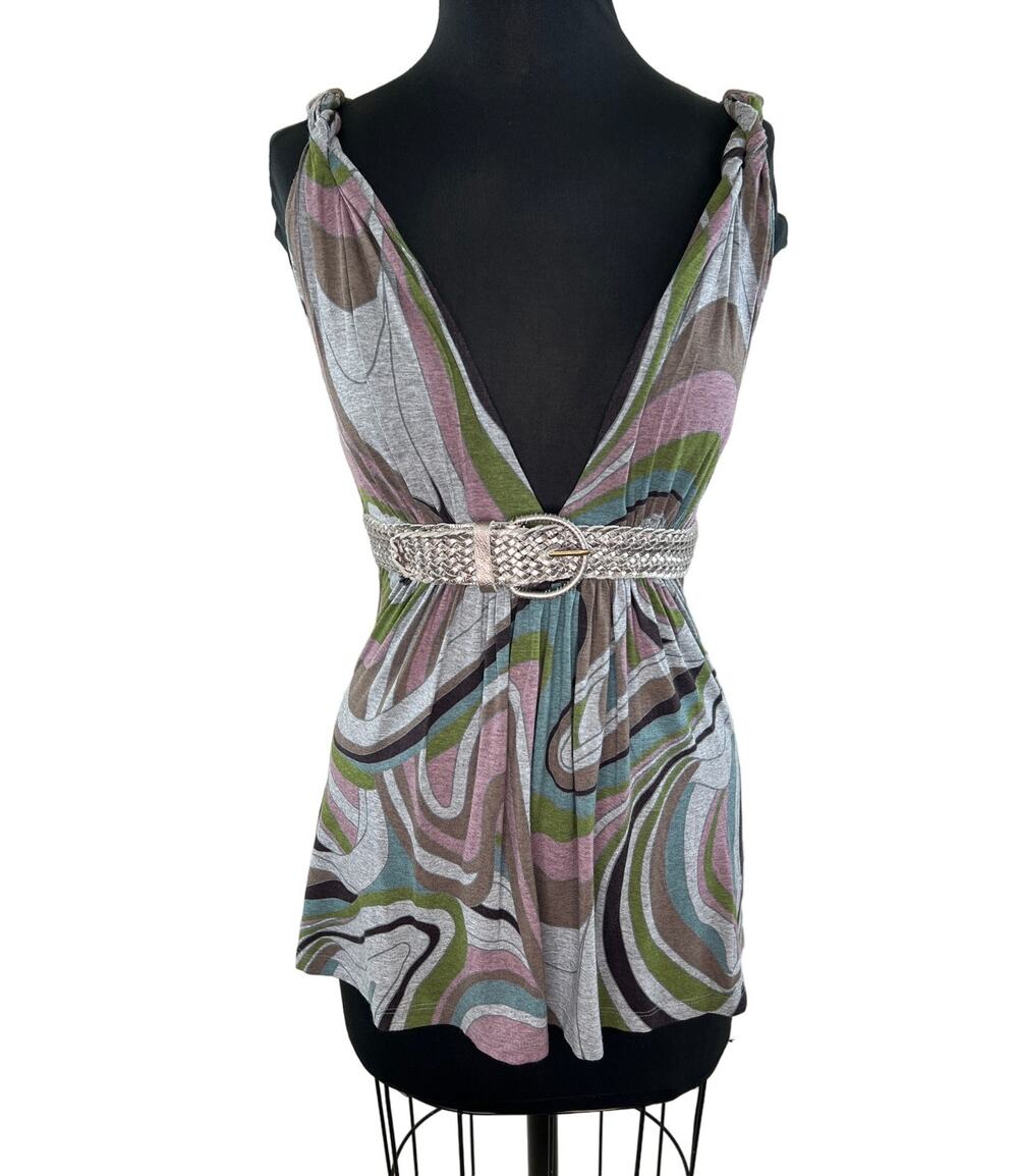 SKY Abstract Print Twist Shoulder Plunging V Neck Women's Belted Tunic Size M